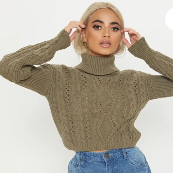 Pretty Little Thing Petite Khaki Roll Neck Crop Turtleneck Sweater Size S - Picture 2 of 13